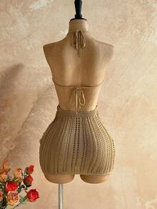 Soleia 女士露背吊带迷你针织度假沙滩裙 - 杏色 - 查看 2