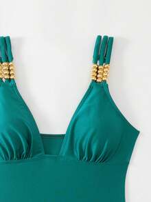 Swim Chiccia Women's Autumn New Solid Color Spaghetti Strap Pearl One-Piece Swimsuit, Sexy Elegant Resort Avant-Garde Minimalist Party Christmas One-Piece Swimsuit - Teal Blue - View 5