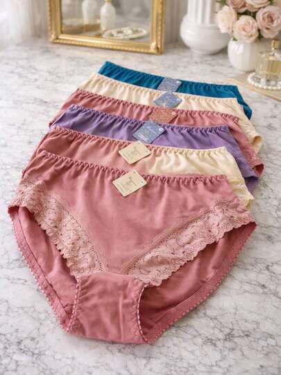 Calzón de mujer de cintura alta con encaje en los laterales, cómodo y elástico, ropa interior femenina suave y transpirable, diseño liso con costuras reforzadas  para mayor comodidad, estilo básico ideal para uso diario, colores pasteles.
