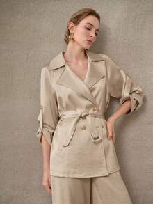 MOTF PREMIUM ELEGANT MINIMALIST SATIN WINDBREAKER BELTED COAT, SPRING/SUMMER - Khaki - View 5
