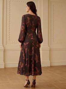 ZEYLAH V-Neck Ruched Waist Fitted Flared Hem Cutout Floral Dress, Autumn/Winter - Coffee Brown - View 3