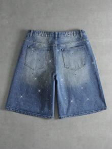 ROMWE MEN Street Life Men's Dragon Pattern Rhinestone Embellished Denim Shorts - Blue - View 2