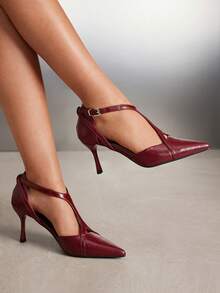 CUCCOO SZL Sapato de salto alto feminino com bico fino, fivela decorativa e cadarço vazado. - Borgonha - Ver 3