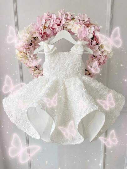 Baby Girl Woven Solid Color 3D Flower & Bow Decor Strap Dress, Princess Dress, Birthday Dress, Party Dress, Wedding Season, Flower Girl Dress