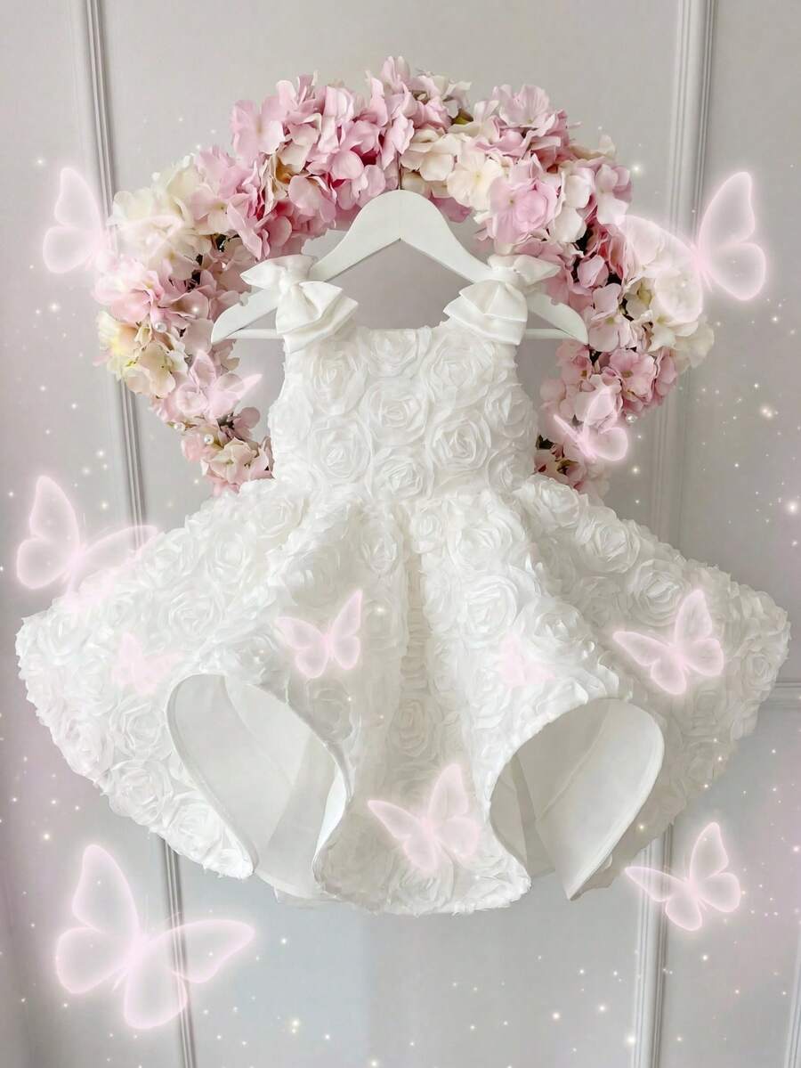 SHEIN Đầm hai dây dệt màu trơn cho bé gái, trang trí hoa và nơ 3D, đầm công chúa, đầm sinh nhật, đầm dự tiệc, đầm cưới, đầm bé gái dự tiệc cưới. - trắng - Xem 1