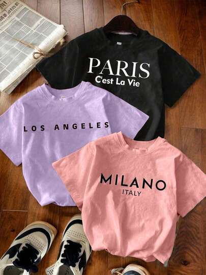 SHEIN 3pcs/Set Girls' Casual Letter Print Round Neck T-Shirts In Black, Pink, Purple, Summer