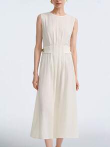 Aalyst Women's Spring/Summer New Arrival Elegant Commuting Dress, Minimalist Versatile, Suitable For Afternoon Tea, Party, Wedding, Waist Cinched Design With Metal Accent, Light Apricot Sleeveless Dress - Apricot - View 4