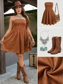 SHEIN LUNE Đầm hè cỡ lớn, màu trơn, không dây vai, thiết kế tối giản. - màu nâu - Xem 1
