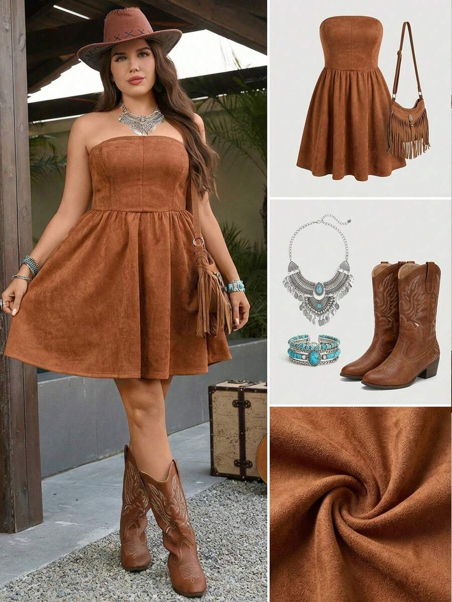 SHEIN LUNE Đầm hè cỡ lớn, màu trơn, không dây vai, thiết kế tối giản. - màu nâu - Xem 1