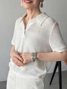 FRIFUL Women's Partial Placket Polo Collar Semi-Sheer Basic Comfortable T-Shirt - Beige - View 2