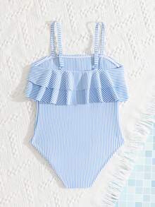 Young Girls' 1-Piece Bikini Sets,Knitted Blue & White Striped Adjustable Spaghetti Strap Double-Layer Ruffle Trim Swimwear For Summer,Beach,Holiday - Blue and White - View 2
