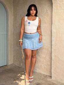Rustia Plus Size Women Lace Ruffle Fashionable Versatile Date Night/Outing Mini Skirt - Blue - View 5