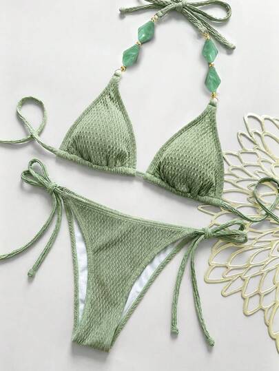 Swim Vcay Solid Color Textured Fabric, Stone Decor Shoulder Straps, Waist Tie, Elegant Women's Swimwear Set