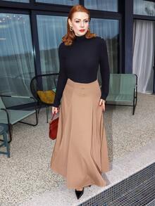 Gretanique 女士优雅通勤风 A 字裙，垂坠设计，修身效果，春秋季 - 卡其色 - 查看 5