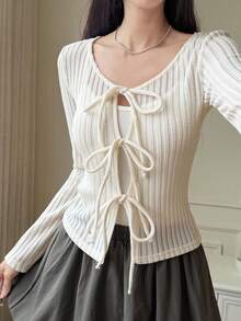 DAZY Cardigan femme à col V profond, manches longues, en tissu texturé avec nœud devant - Nude - Voir 5