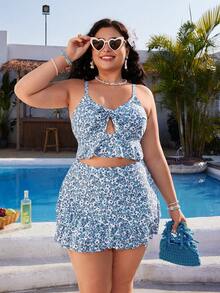 Swim Mod Bộ bikini 3 mảnh cỡ lớn dành cho nữ, kiểu dáng gợi cảm và thanh lịch với dây đeo mảnh, họa tiết hoa và bèo nhún, thích hợp cho kỳ nghỉ biển mùa xuân/hè. - Màu xanh lam - Xem 7