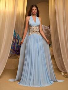 Glamrae 优雅奢华的浅蓝色网纱，手工镶嵌水钻，领口系带设计，拖尾造型，女士正式礼服配饰 - 淺藍色 - 查看 7