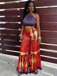 SHEIN BamGlam 女士高腰扎染印花荷叶边宽松阔腿裤，度假风 - 紅色 - 查看 1