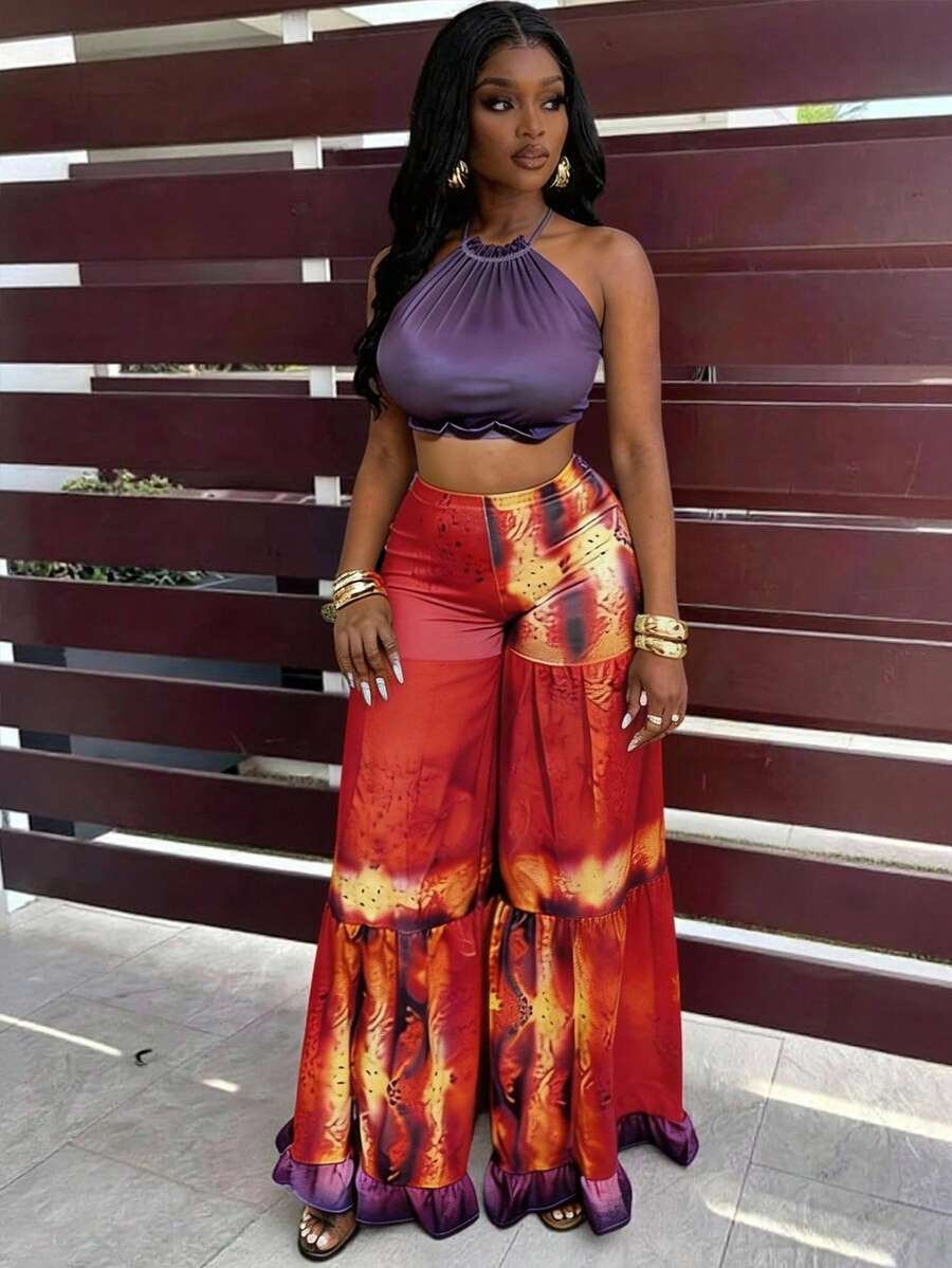 SHEIN BamGlam 女士高腰扎染印花荷叶边宽松阔腿裤，度假风 - 紅色 - 查看 1