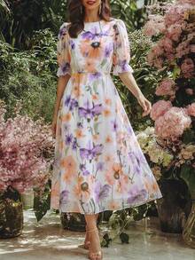 Balvessa French Print Loose Sleeve Elastic Cuff Waist Drape Flowy Dress For Women - Multicolor - View 7