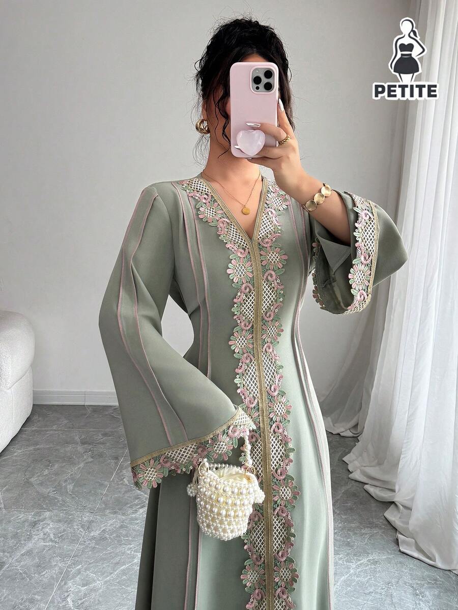 Rafferiza Petite 女士宽松V领荷叶边长袖长袍，土耳其长袍，阿拉伯长袍 - 綠色 - 查看 1