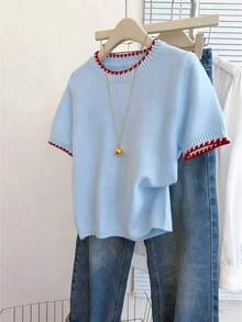 Franclia French Retro Round Neck Short Sleeve Light Blue Knit Top For Women,Elegant Colorblock Casual Autumn Brunch Baby Blue Loose Knitted Sweater Blouse - Baby Blue - View 4