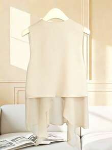 Franclia Áo khoác cardigan dáng lửng không tay cổ chữ V vạt lệch, phối nhiều mảnh vải, dành cho nữ. - Màu be - Xem 2