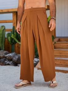 Manfinity RSRT 男士刺绣棕色褶裥优雅休闲裤，适合春夏穿着 - 鏽棕色 - 查看 4