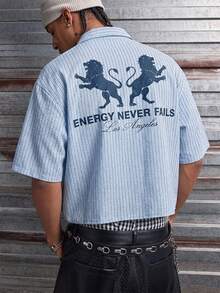 AXEPEAK Men's Slogan Striped Casual Fashion Street Shirt Men's Boxy Cropped Shirt Graphic Button Up Blue Striped Shirt Boxy Shirts Baby Blue Shirt Men Graphic Men's Boxy Cropped Shirt - Multicolor - View 6