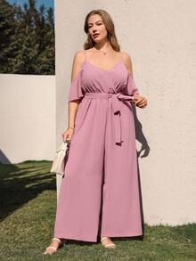 EMERY ROSE 大码女式休闲粉色露肩吊带V领系腰蝴蝶结连体裤，春夏款 - 粉色 - 查看 5