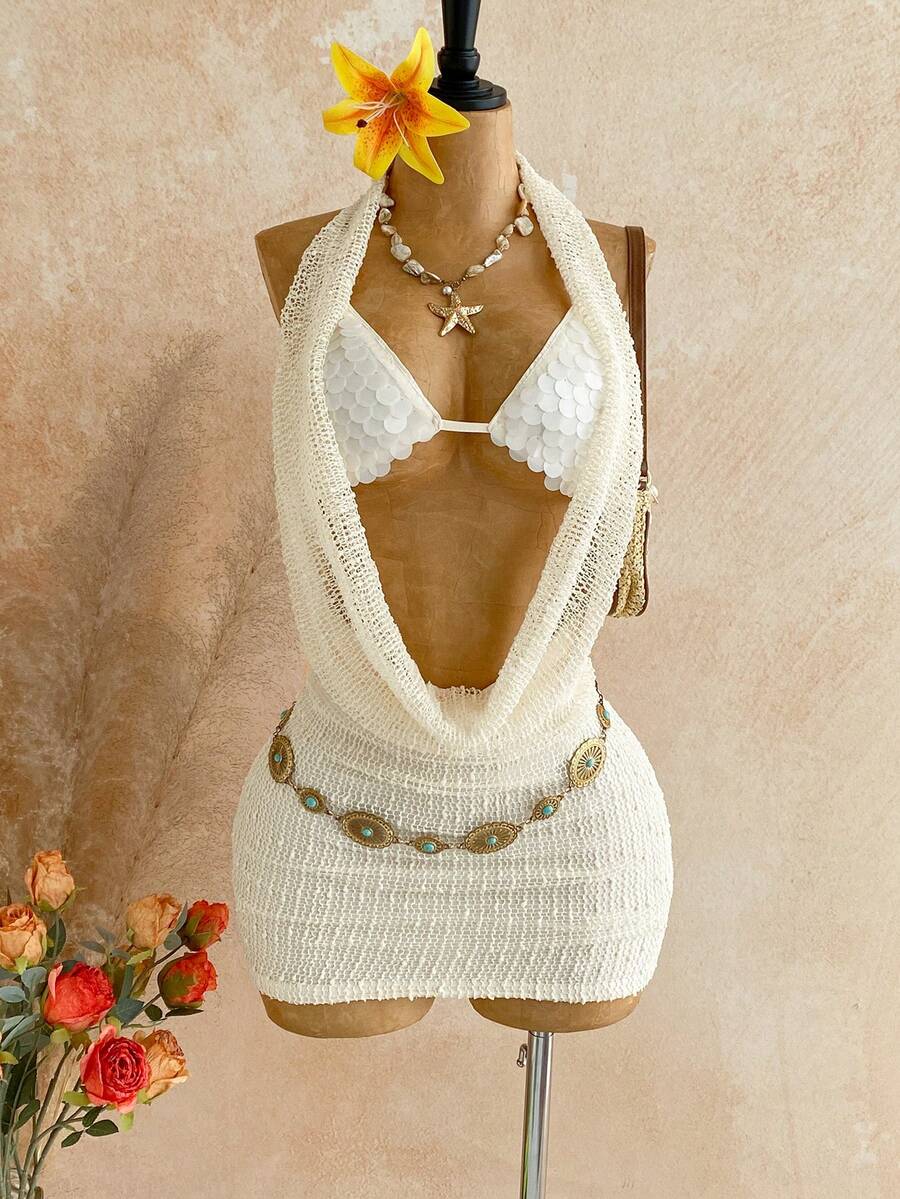 Soleia Women's Plunging Neck Sexy Fashion Halter Mini Dress - Apricot - View 1