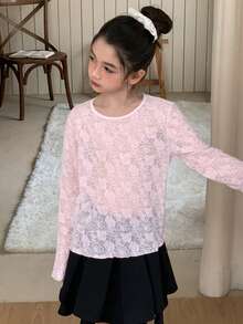 DAZY Tween Girls Round Neck Lace Fabric Fitted Flare Sleeve T-Shirt, Fall - Pink - View 5