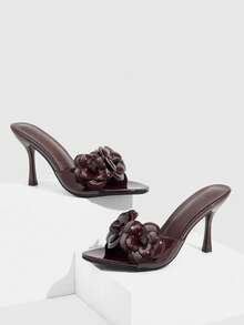 CUCCOO SZL Stylish Dark Brown Patent Leather High-Heeled Sandals, Three-Dimensional Flower Decoration Is Suitable For Party Scenes Spring Shoes Prom Heels Summer Shoes - Chocolate Brown - View 1
