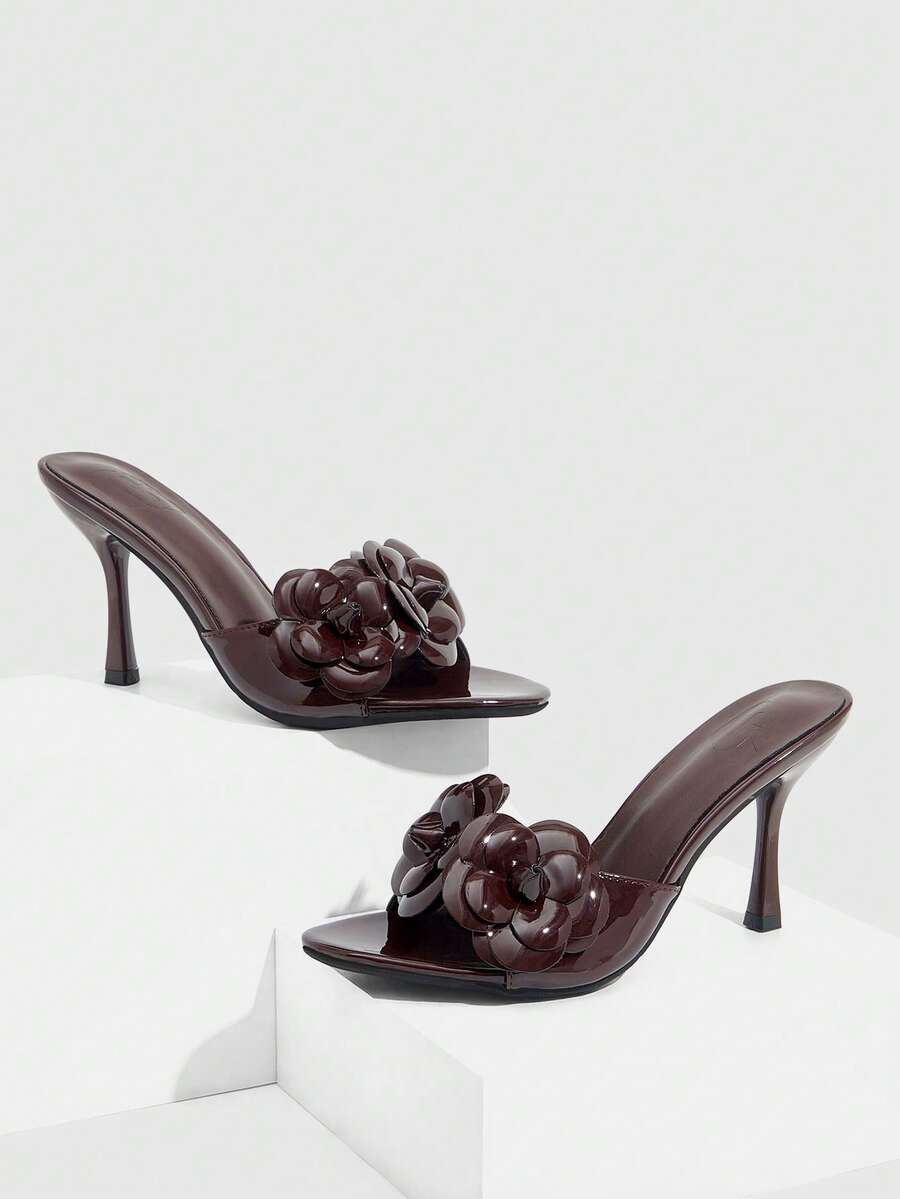 CUCCOO SZL Stylish Dark Brown Patent Leather High-Heeled Sandals, Three-Dimensional Flower Decoration Is Suitable For Party Scenes Spring Shoes Prom Heels Summer Shoes - Chocolate Brown - View 1