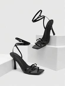 CUCCOO SZL 女士方头水钻踝带凉鞋，圣诞节必备 - 黑色 - 查看 1