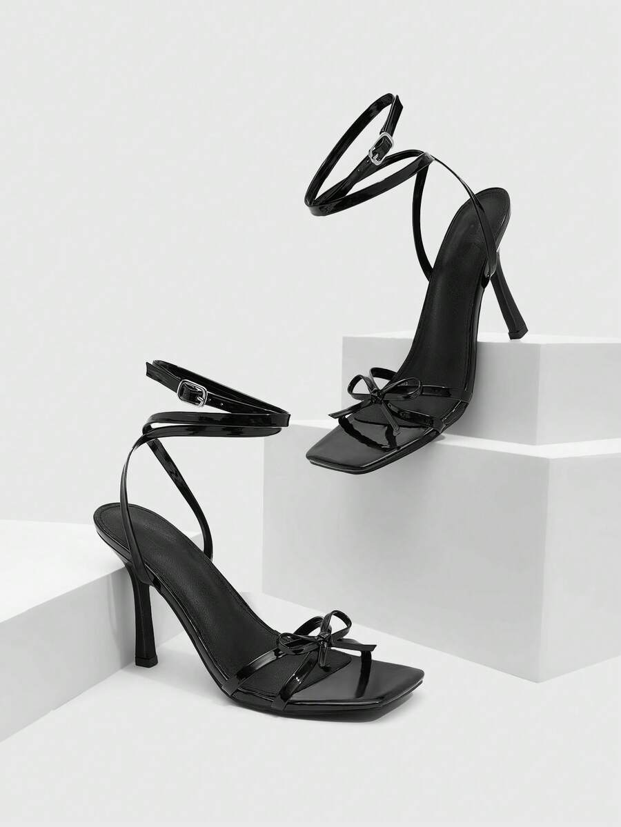 CUCCOO SZL 女士方头水钻踝带凉鞋，圣诞节必备 - 黑色 - 查看 1