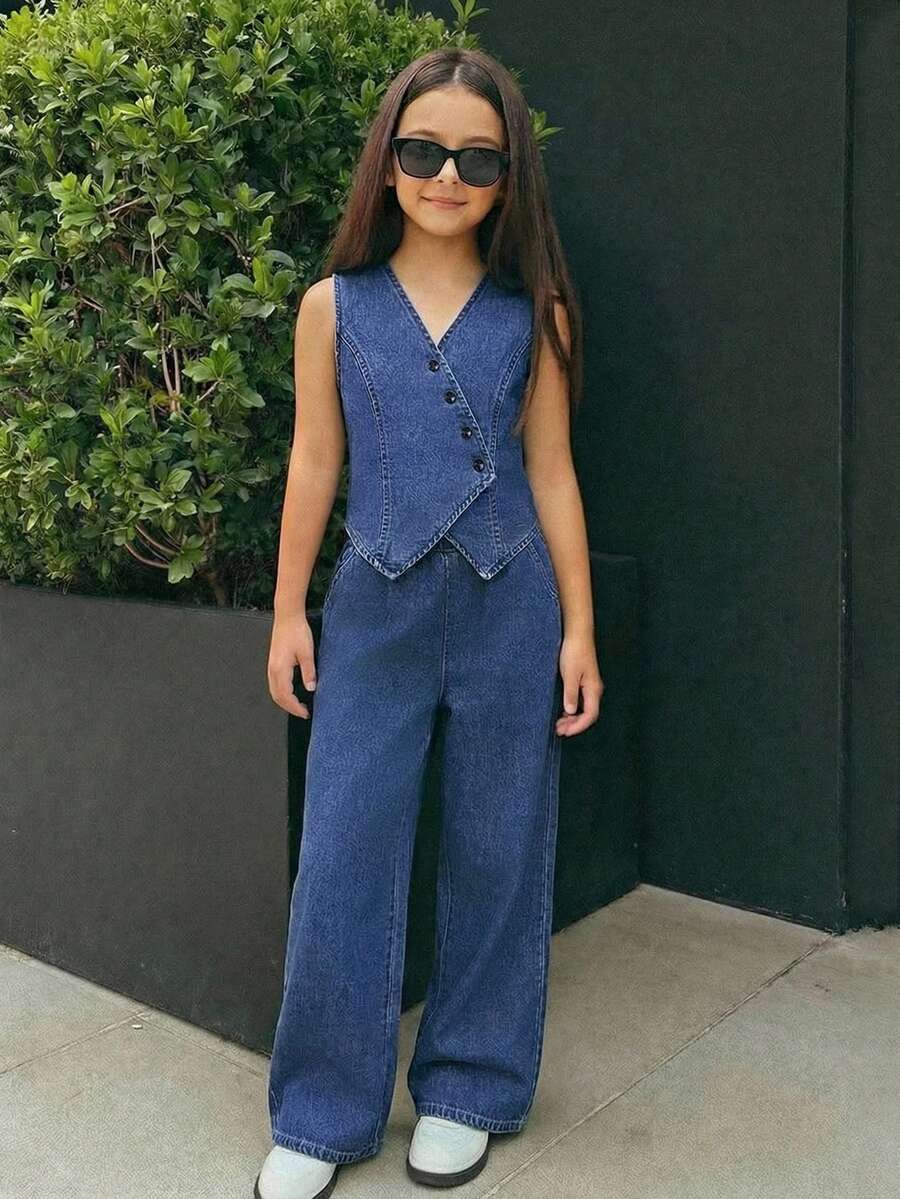 SHEIN Conjunto informal de niña preadolescente con chaleco de mezclilla y pantalones vaqueros de pierna ancha - Azul - Ver 1