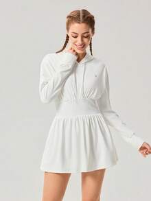 OutZeal 女士网球连衣裙 白色日常休闲连衣裙 防紫外线 长袖 连帽 收腰设计 - 白色 - 查看 6