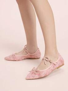 CUCCOO DOLLMOD 女士粉色网纱花朵刺绣时尚双蝴蝶结可爱优雅玛丽珍平底鞋 - 粉色 - 查看 3