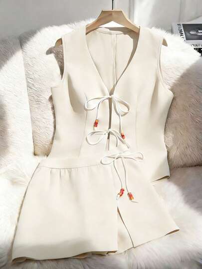 GlowEve Women's 2026 Spring/Summer Beaded Strap Sleeveless Vest And Shorts 2 Pieces Set