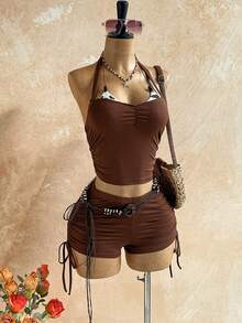 Soleia Women's 2 In 1 Ruched Halter Tie Top And Shorts Casual Daily 2-Piece Set - Brown - View 3
