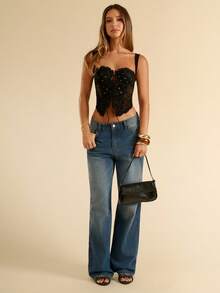 SHEIN BAE Canotta sexy in pizzo con contrasto bianco e nero a pois, adatta per top sexy, top a pois, corpetto a pois, top eleganti e sexy, top estivi - Bianco e nero - Visualizzare 6