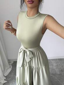 Elenzga 女士优雅浪漫婚礼宾客派对夏季度假圆领无袖收腰A字飘逸连衣裙 - 軍綠色 - 查看 4