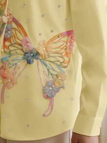 Women's New Spring/Summer Long Sleeve Pink Embroidered Rhinestone Butterfly Elegant Luxurious Blouse, Delicate Shirt, Pink Ladies Shirt, Pink Top - Yellow - View 2