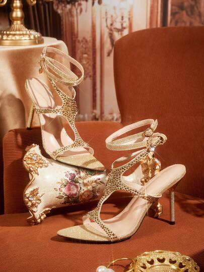 CUCCOO TILAWA 闪亮杏色水晶细高跟鞋，优雅高跟，饰有精致绑带，适合婚礼、派对和特殊场合 - 舒适时尚的合成涂层高跟鞋