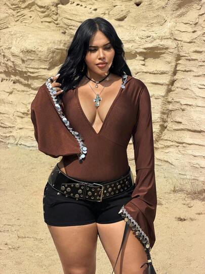 Rustia Plus Size Women Sequin Hooded Deep V-Neck Sexy Versatile Casual Bodysuit