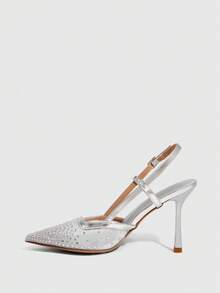 CUCCOO SZL Women's Pointed Toe High Heel Black Mesh Rhinestone Embellished Fashionable Sexy Glamorous Party Occasion Stilettos With Ankle Strap - Silver 1 - View 4