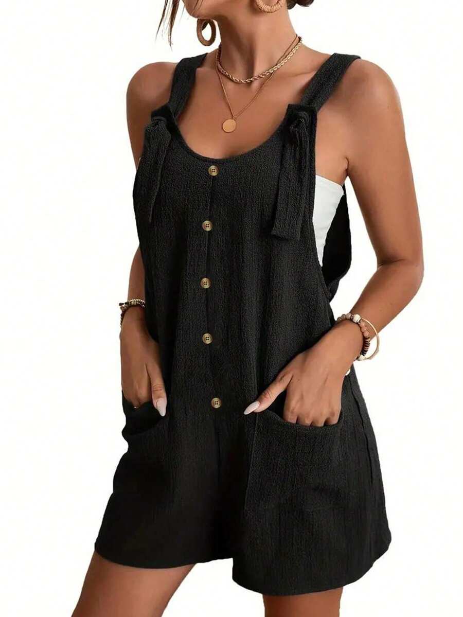 Chiquease Women's Solid Color Button Design Casual Pocket Romper - Black - View 1