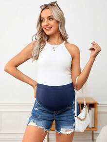SHEIN Shorts vaqueros de maternidad con dobladillo deshilachado y cintura ajustable - Azul lavado medio - Ver 3