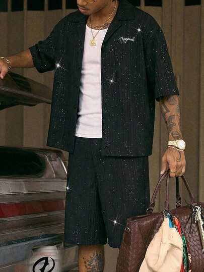 AXEPEAK Men's Letter Embroidered Short Sleeve Single-Breasted Shirt And Shorts Suit